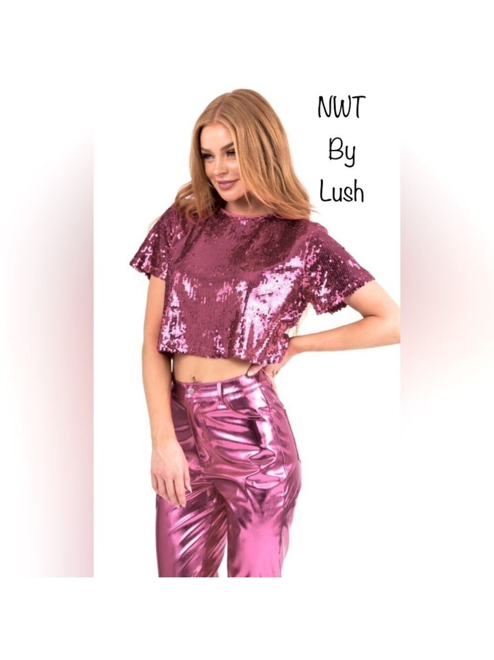 NWT SEQUIN SHORT SLEEVE CROP TOP IN FUCHSIA size LG Mobwife meets Barbiecore